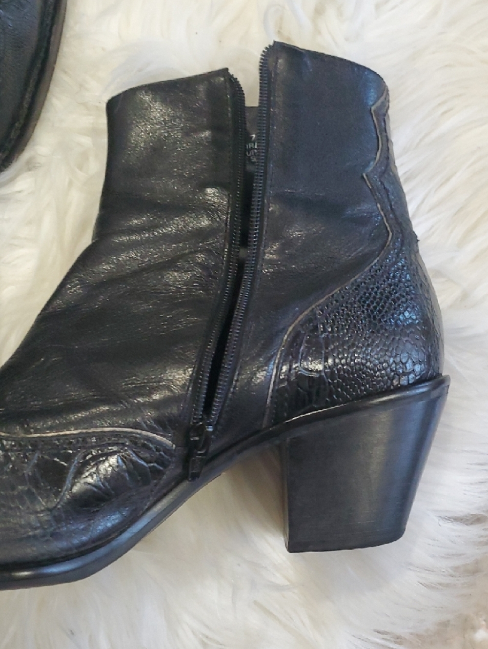 Franco Sarto Black Pointed Leather Ankle Booties with Embossed Toe - Picture 9 of 14